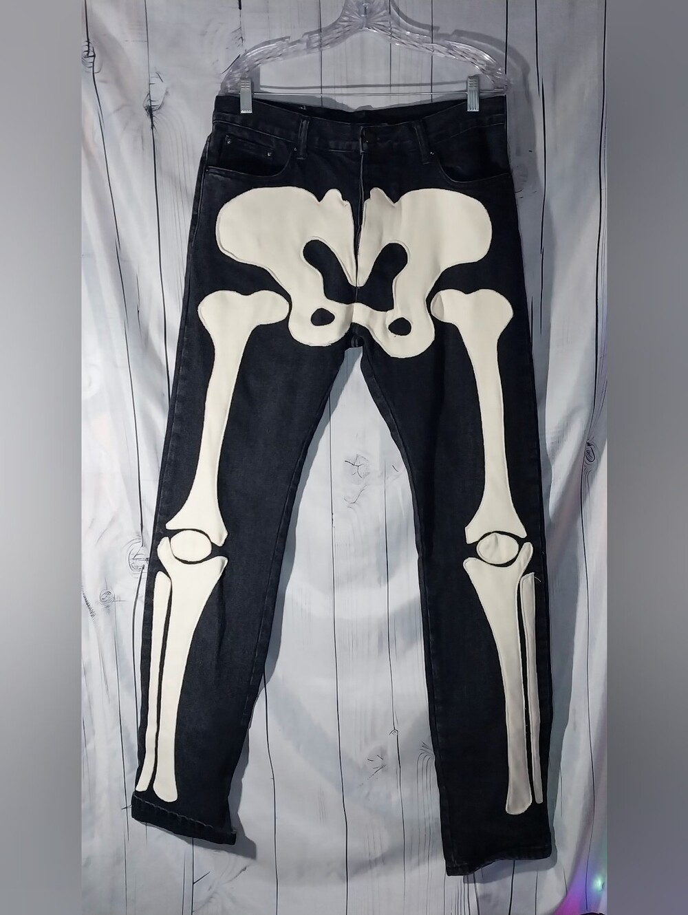 MNML D184 Streetwear Goth Black Jeans with White Skeleton Appliqué